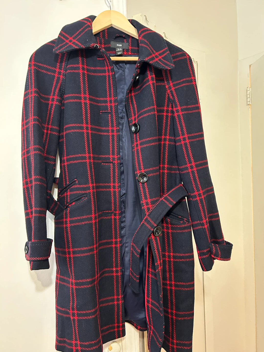 H&M Black and Red Plaid Trench Coat