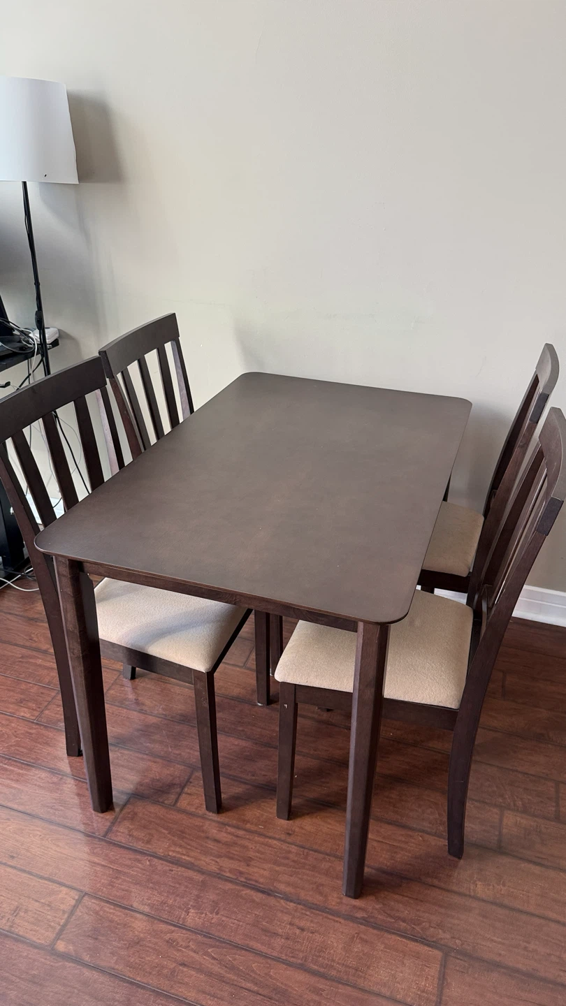 Dining Table + 4 Chairs - Dark Brown Wood, Beige Fabric Seats