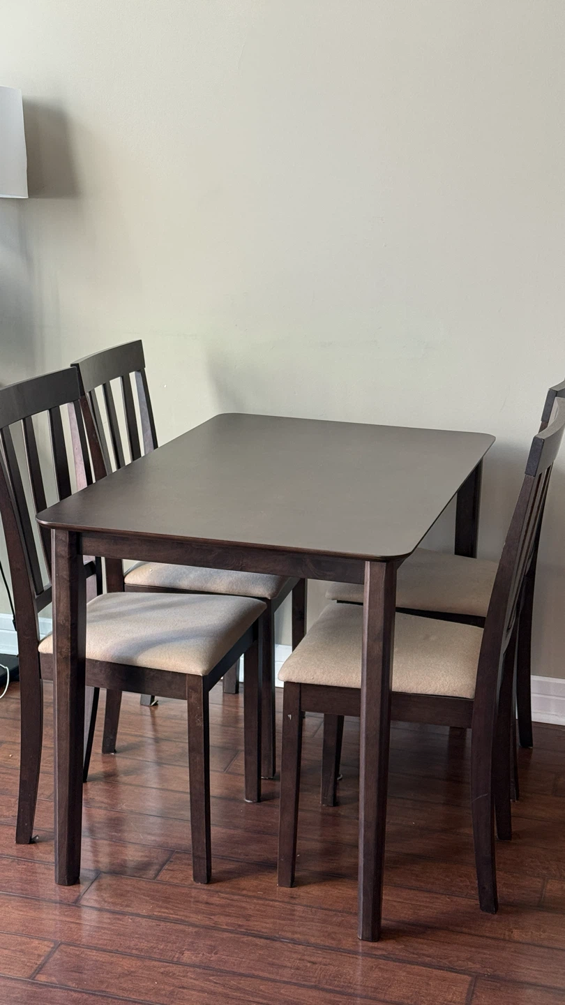 Dining Table + 4 Chairs - Dark Brown Wood, Beige Fabric Seats - photo 3