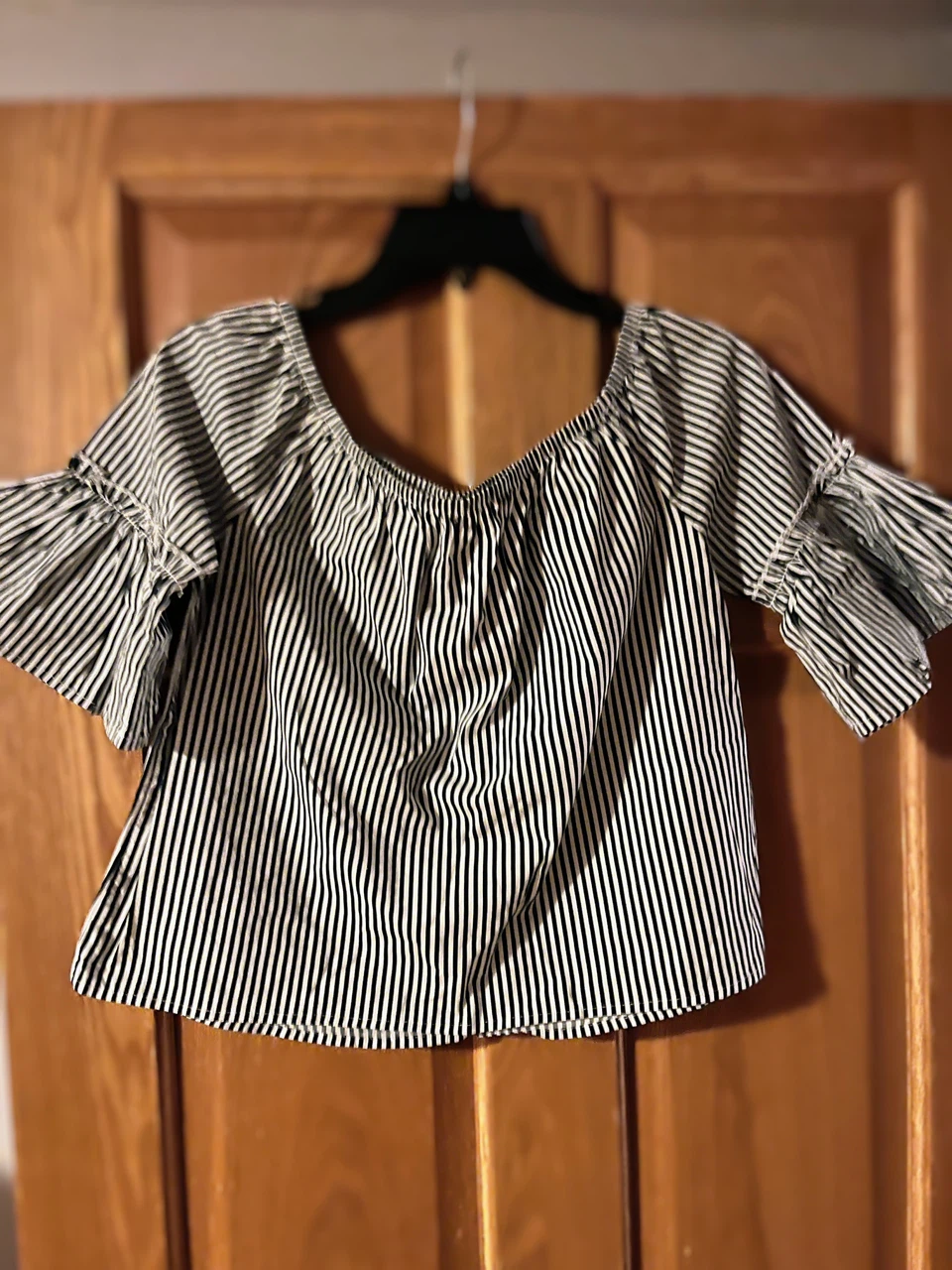 Ambiance Black and White Striped Off-Shoulder Top
