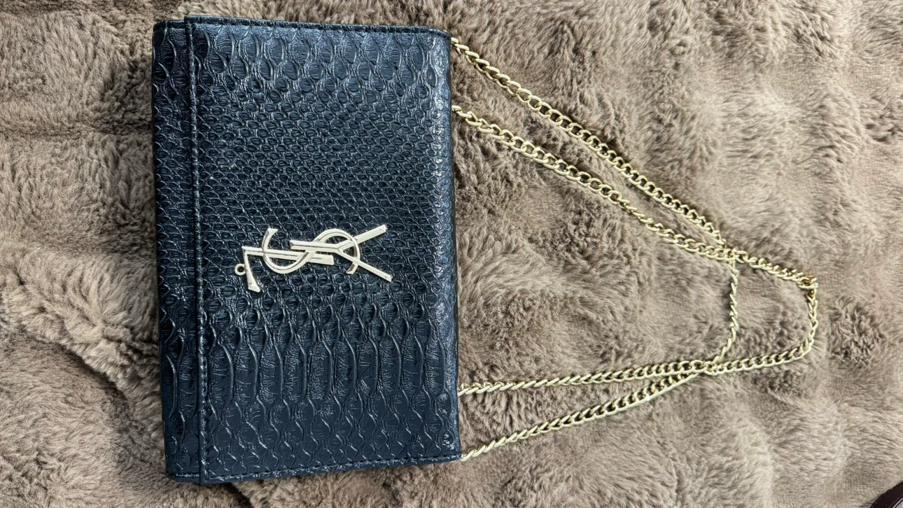 Saint Laurent YSL black snake-embossed shoulder bag