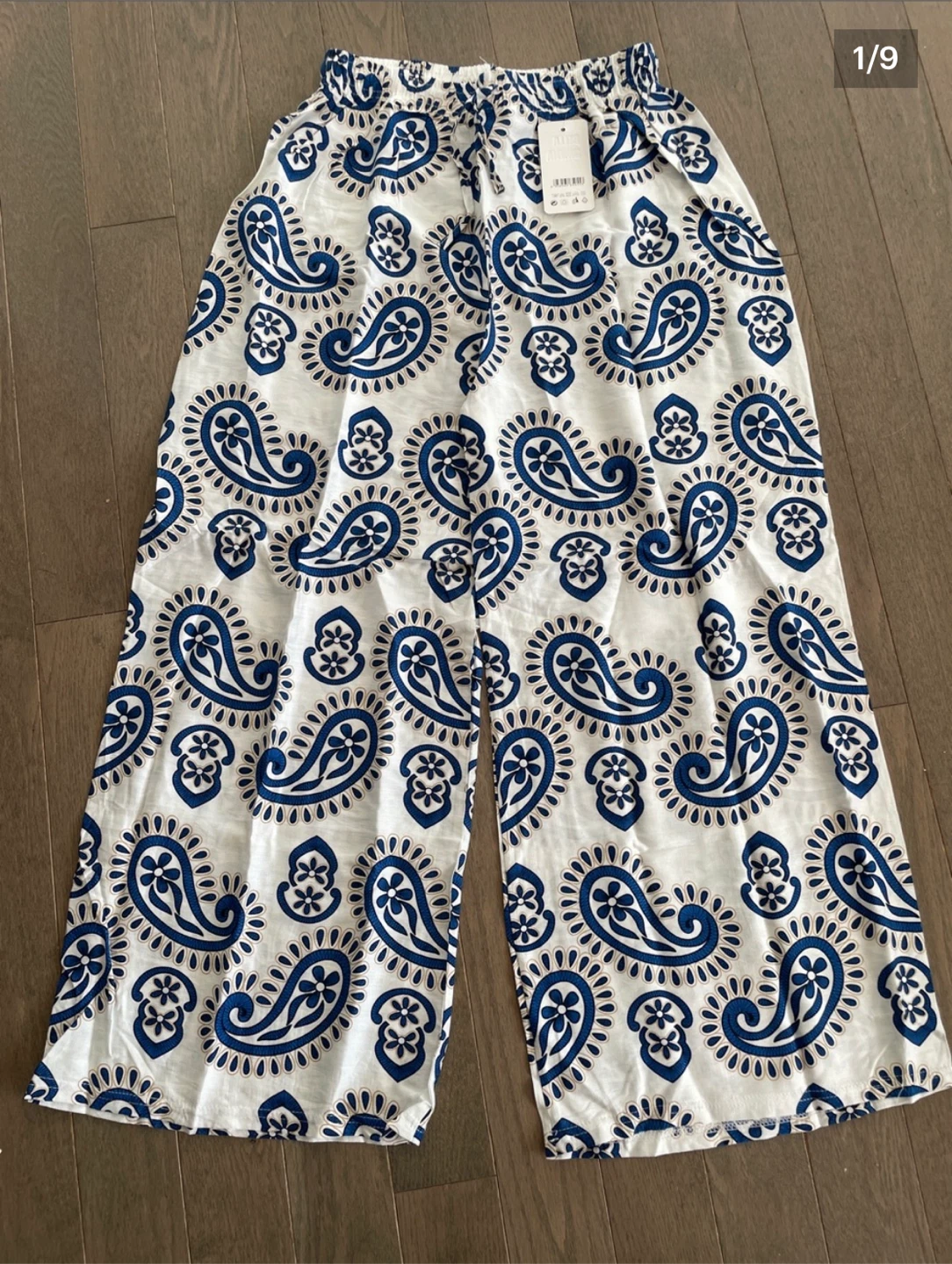 Blue and White Paisley Wide-Leg Pants