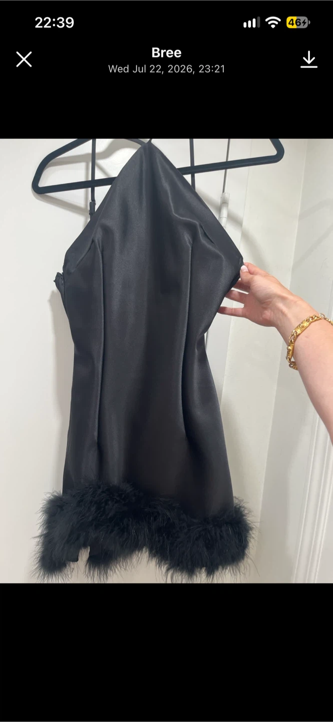 NEW Black Satin Mini Dress with Feather Trim - photo 3