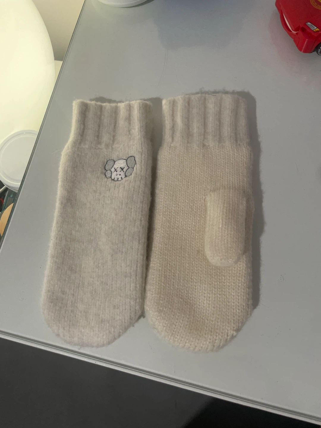 KAWS Embroidered Beige Knit Mittens