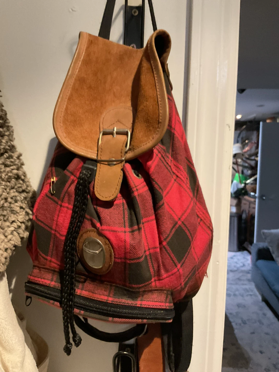 Red Plaid Fabric and Suede Backpack