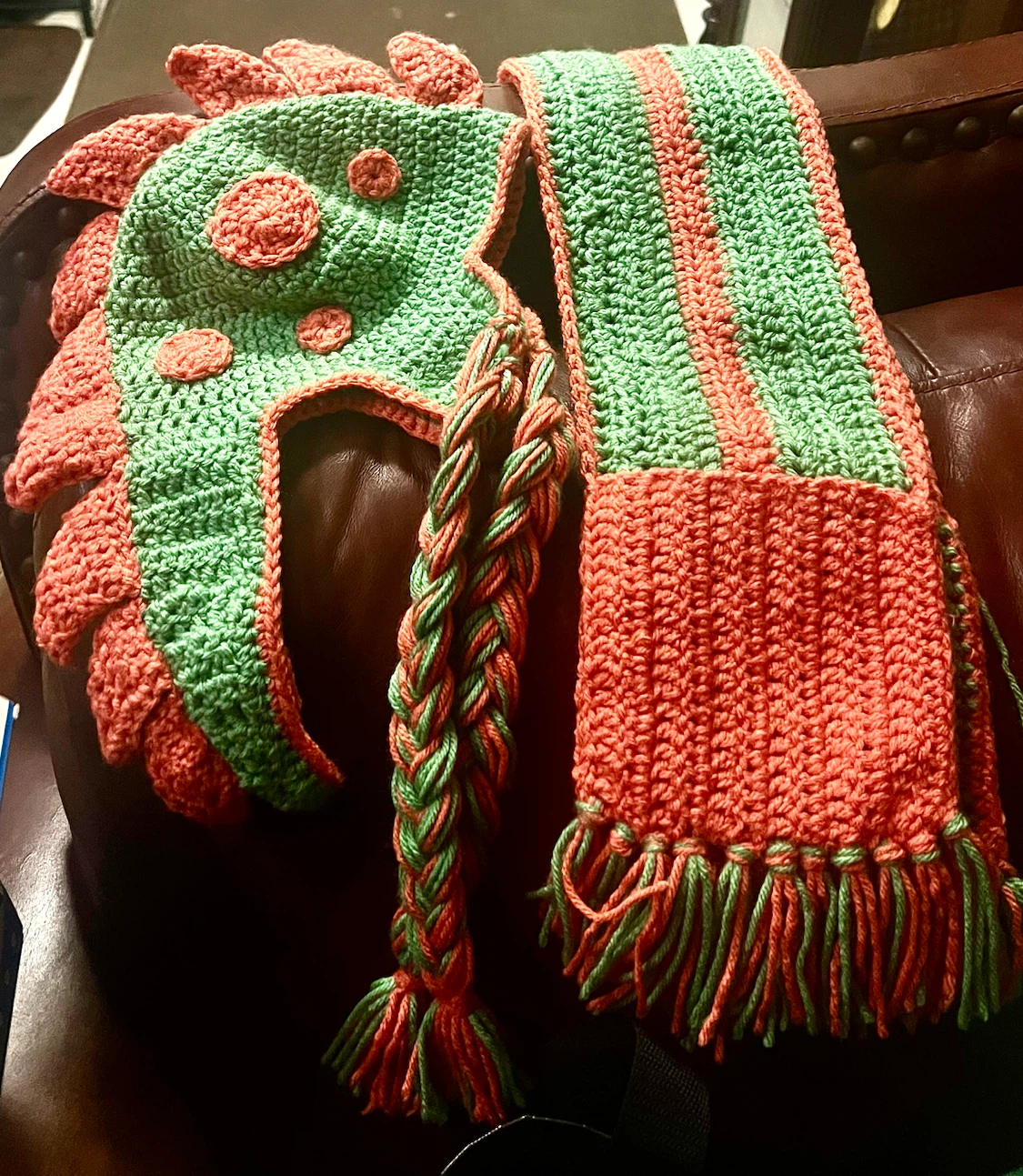 Crocheted Dinosaur Hat and Scarf Set