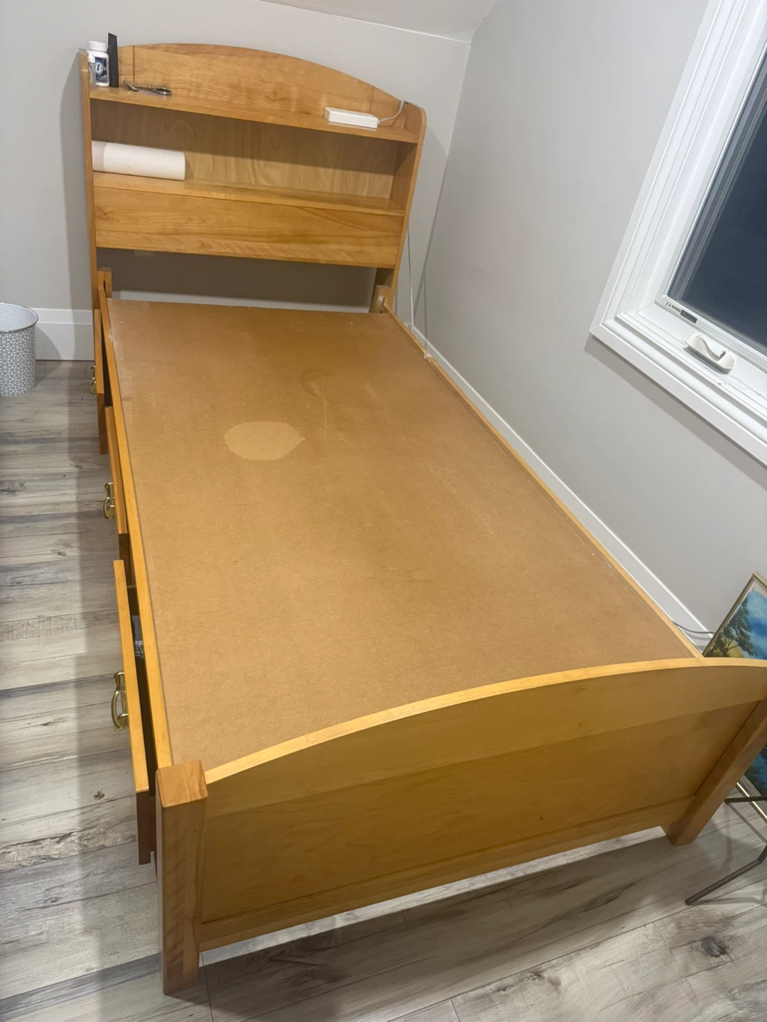 Twin size wooden bed frame with storage and headboard