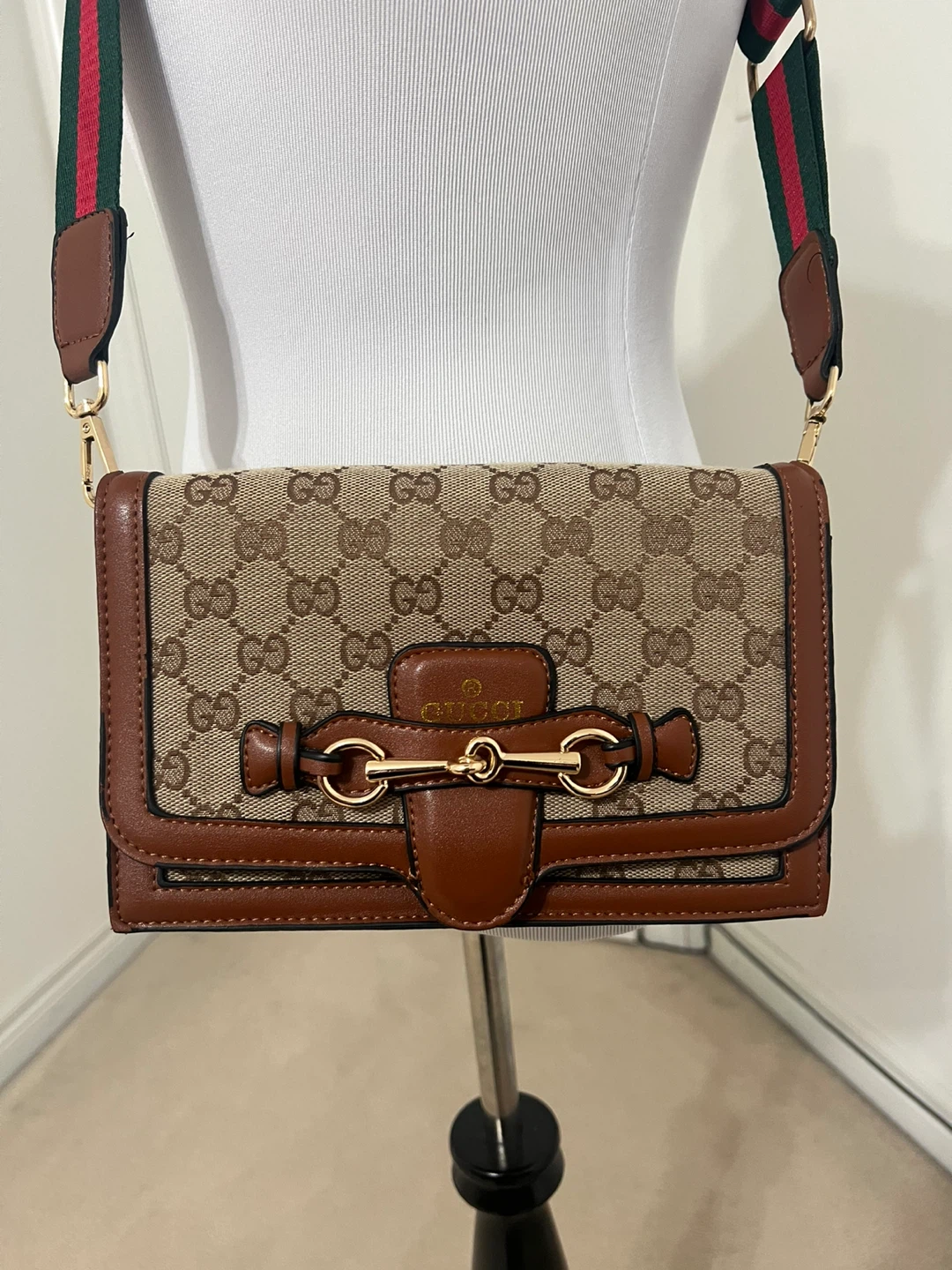 Gucci style canvas and leather cross body bag