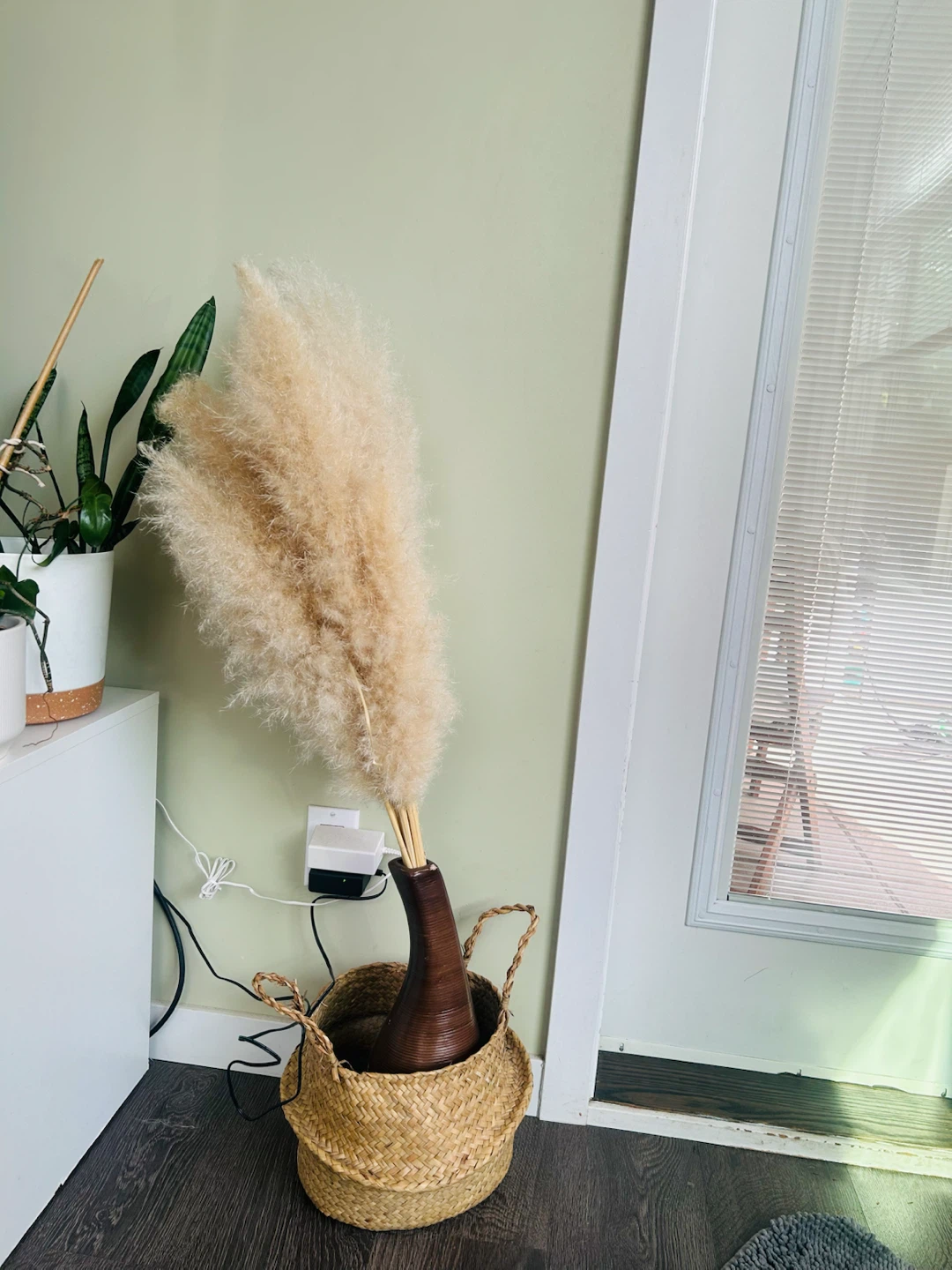 Decorative pampas grass in brown vase and basket