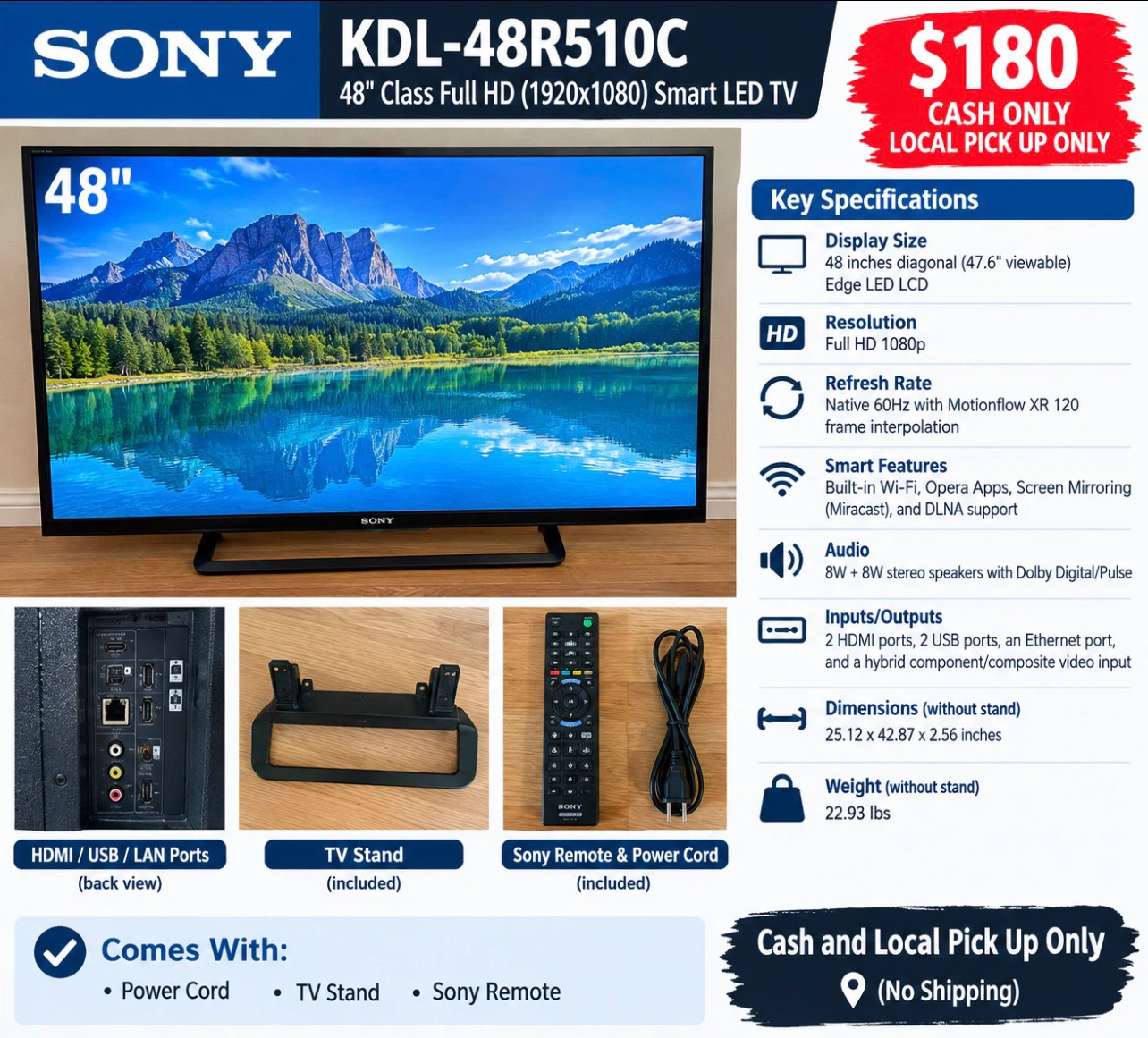 Sony KDL-48R510C is a 48-inch class Full HD Smart LED TV