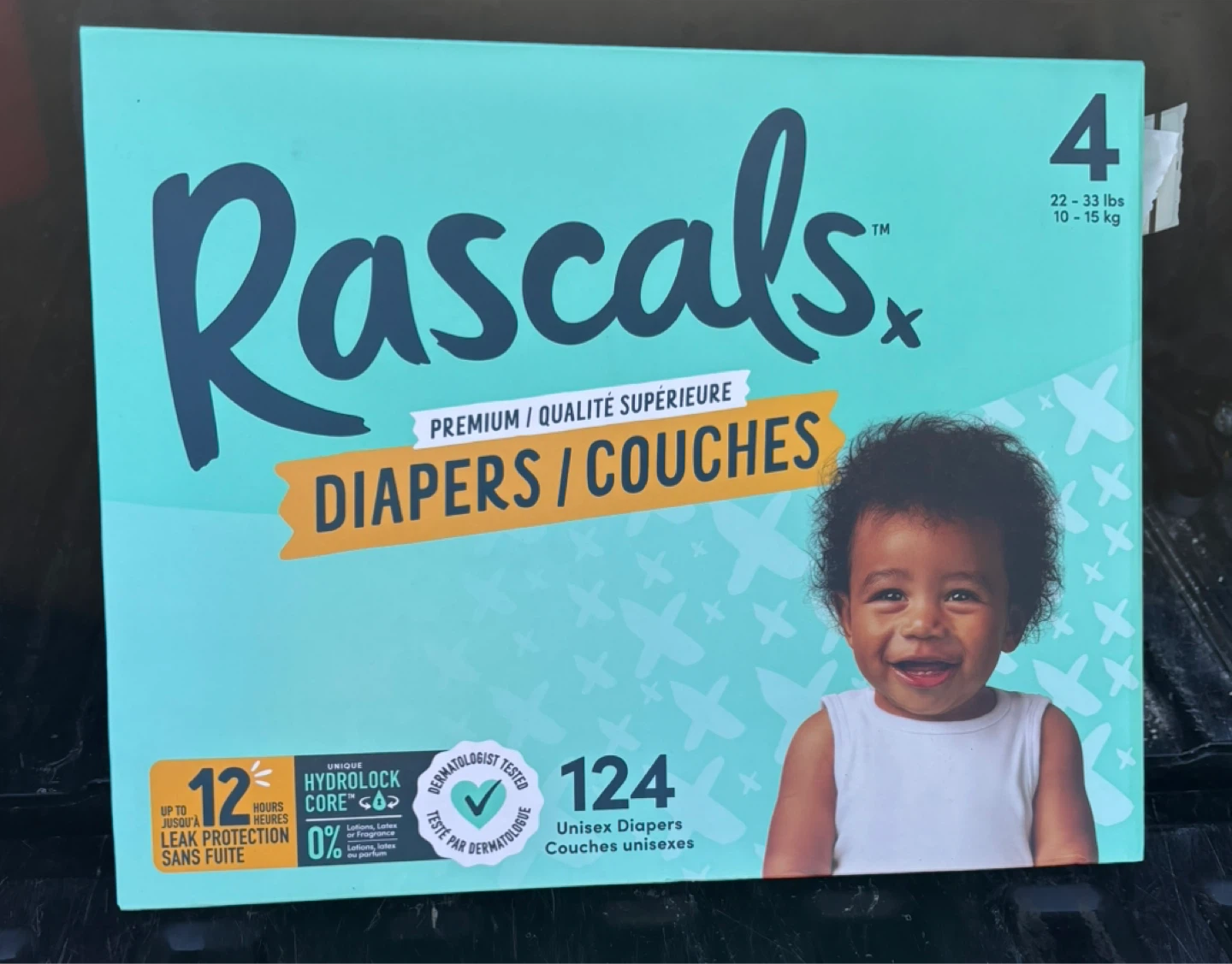 Rascals Premium Baby Diapers, Size 4, large Carton, 124 Count