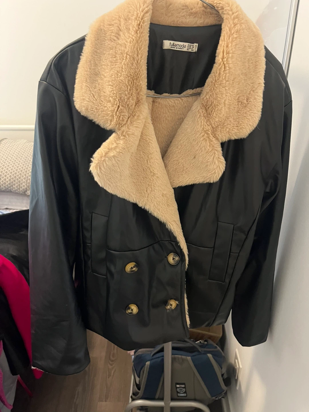 fullamoda Faux Leather Jacket with Fur Collar
