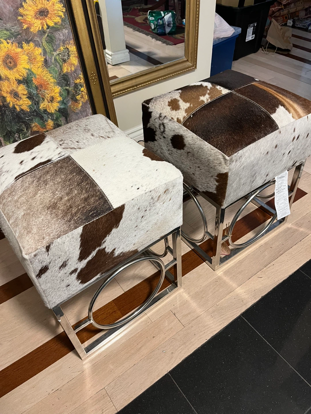 Set of Two Cowhide Stools with Chrome Bases
