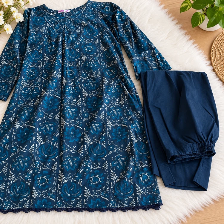Blue Floral Kurta and Trouser Set