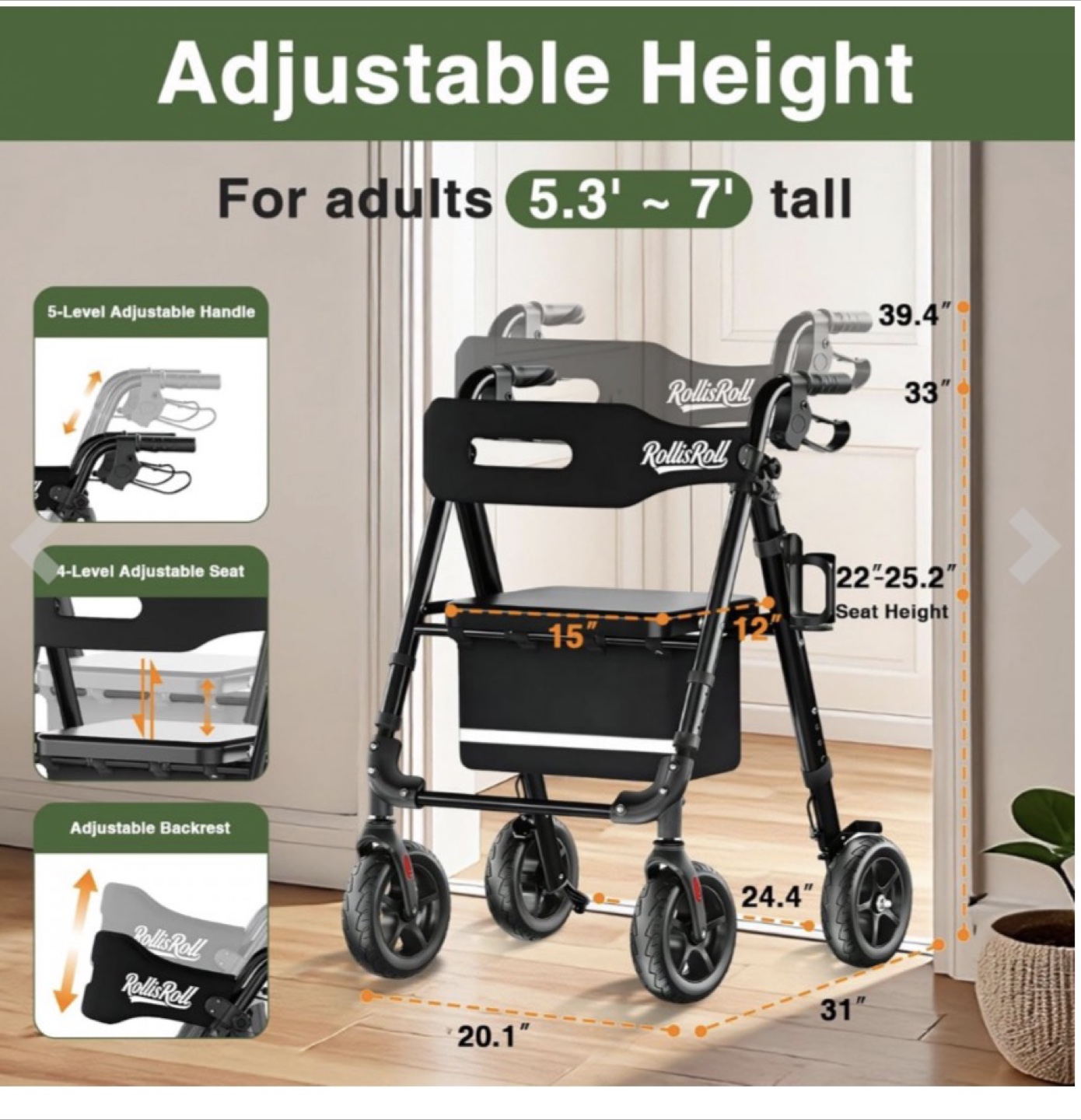 RollisRoll Adjustable Rollator Walker - photo 5