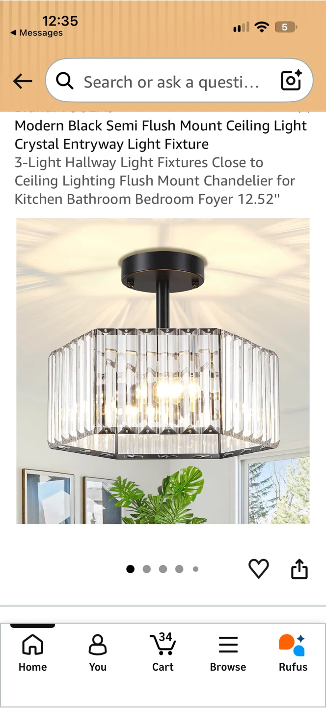 New in Box Modern Black Semi Flush Mount Crystal Ceiling Light