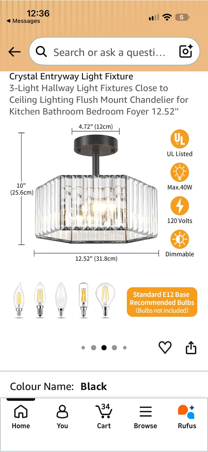 New in Box Modern Black Semi Flush Mount Crystal Ceiling Light - photo 5