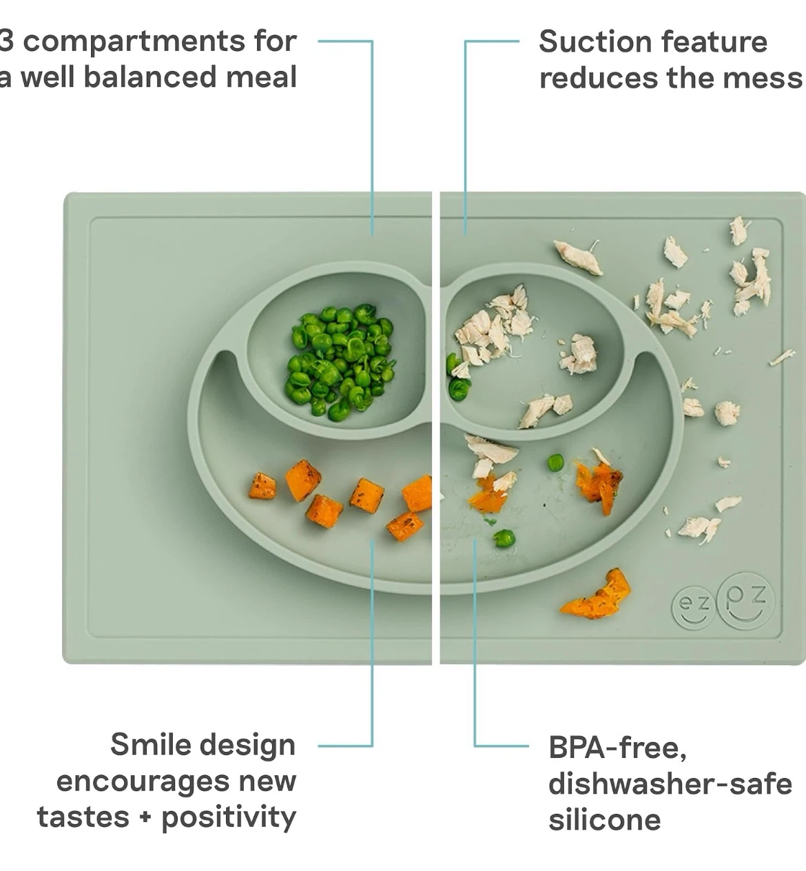 EZPZ Happy Mat Silicone Suction Divided Plate – Sage Green - photo 5