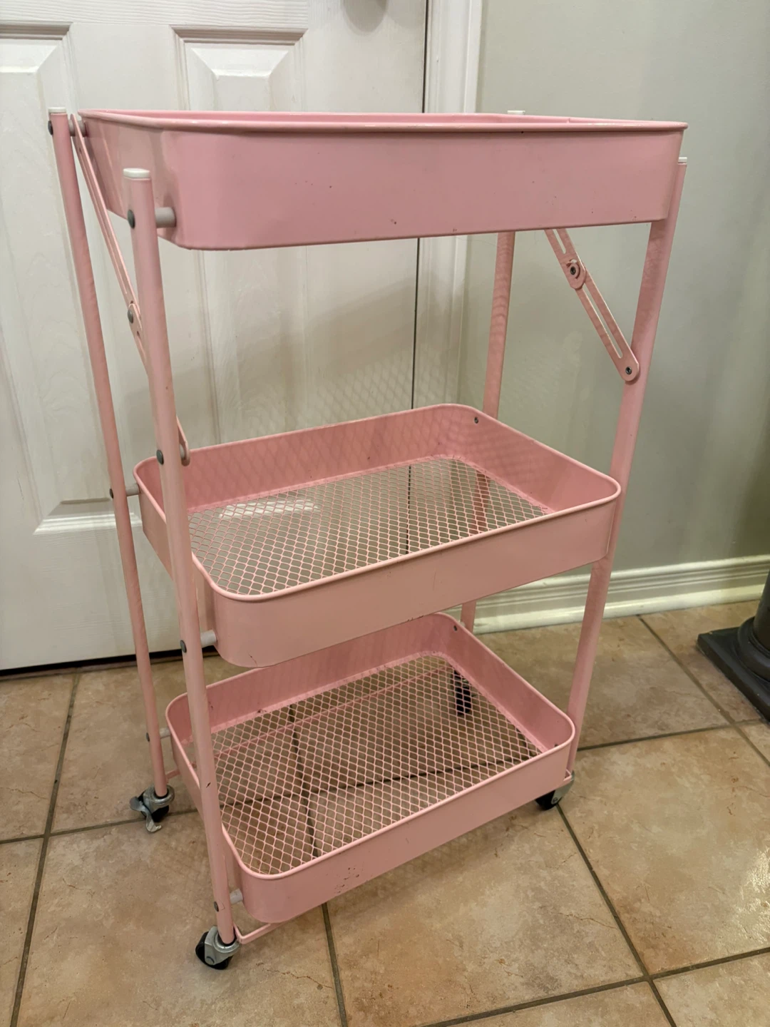 Pink 3-Tier Foldable Rolling Cart