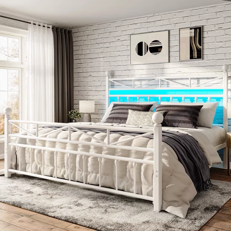 White Metal Queen Size Bed Frame with LED Headboard