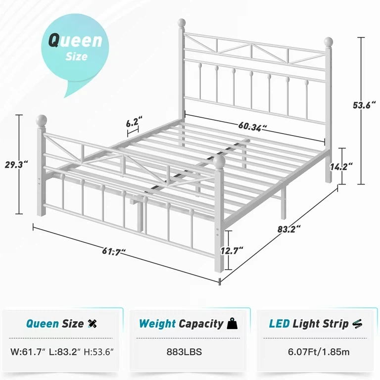 White Metal Queen Size Bed Frame with LED Headboard - photo 2