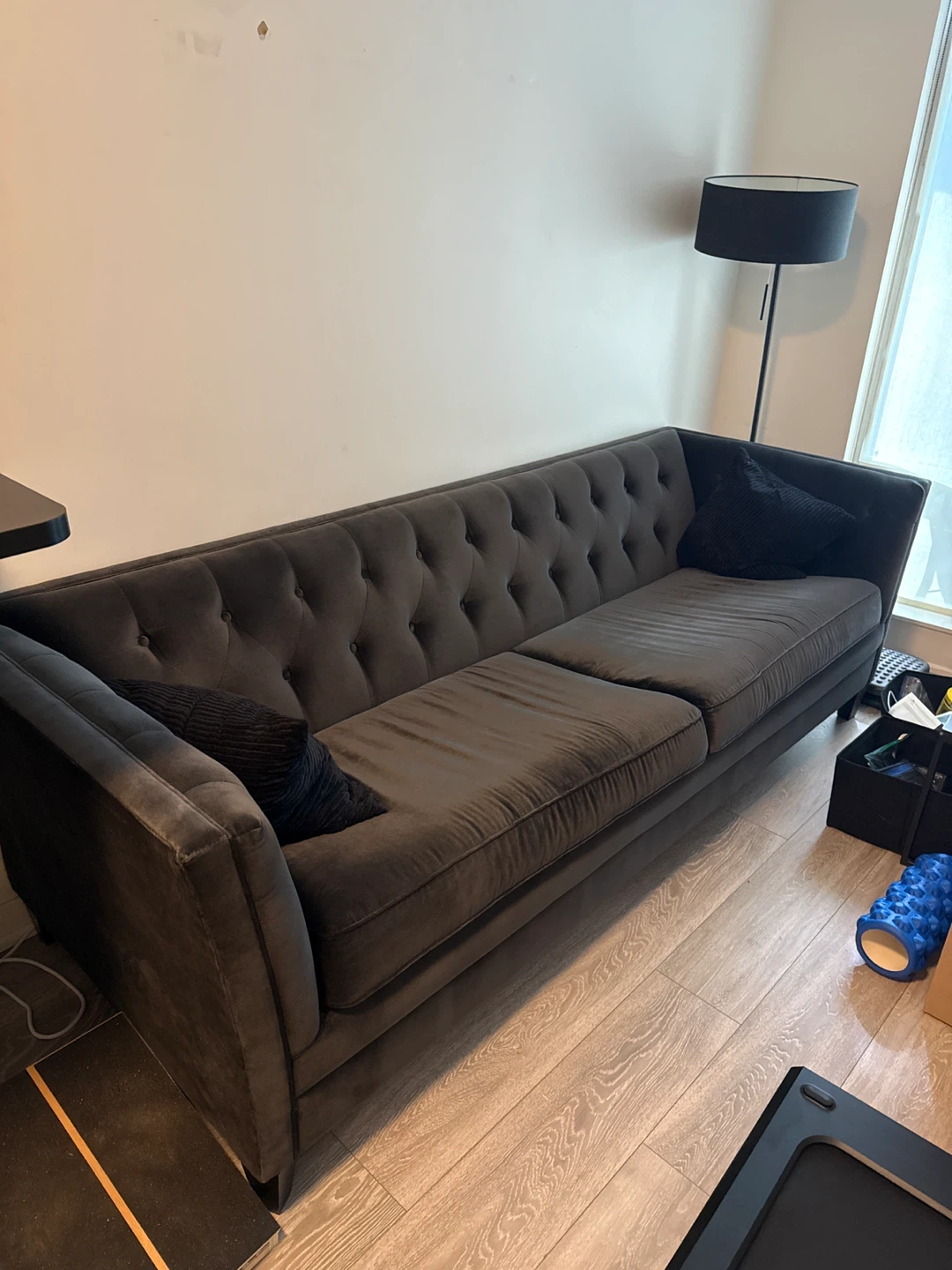 Dark Grey Velvet Tufted Sofa