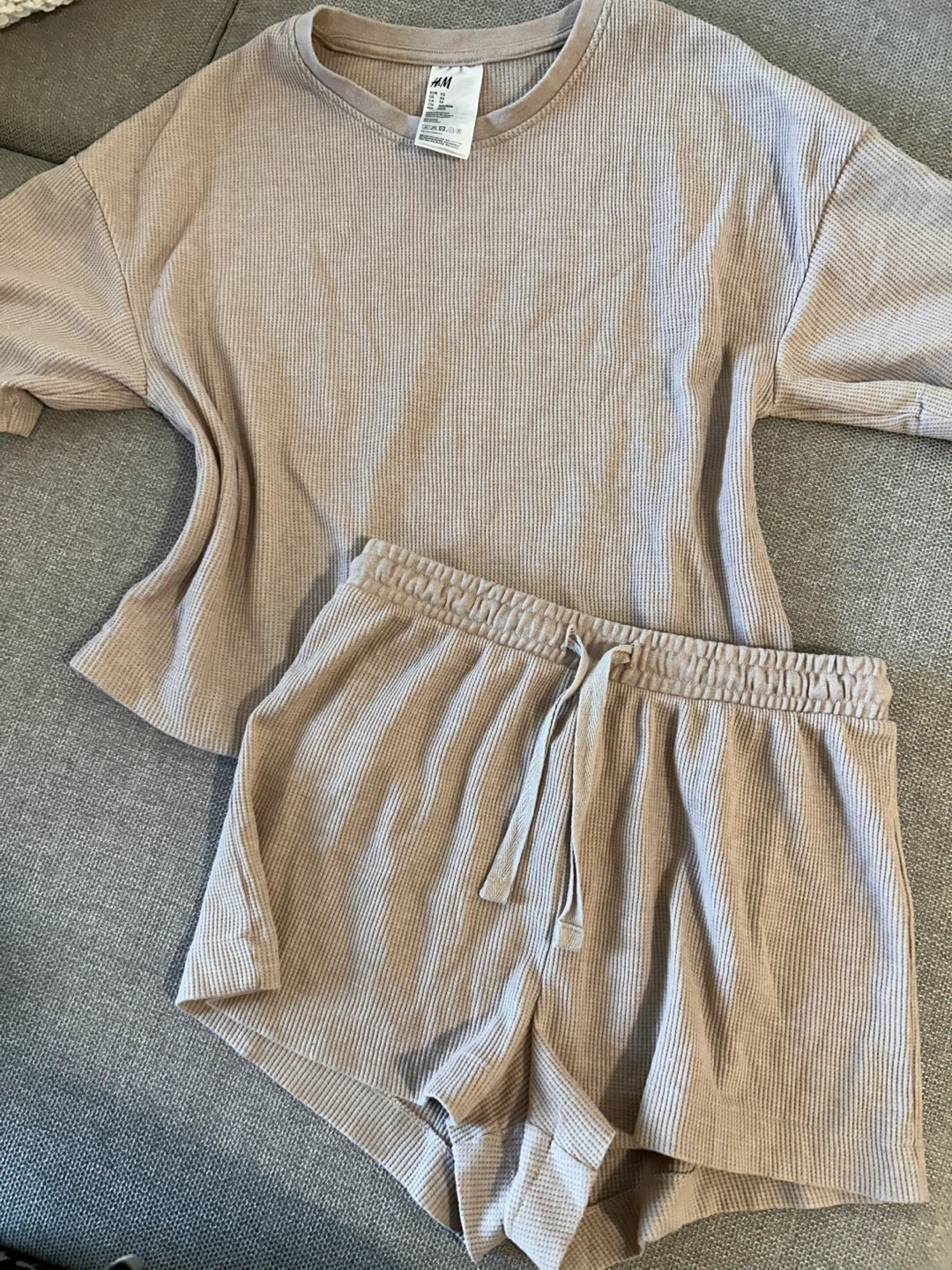 H&m beige waffled pajama set XS , cotton blend - photo 2