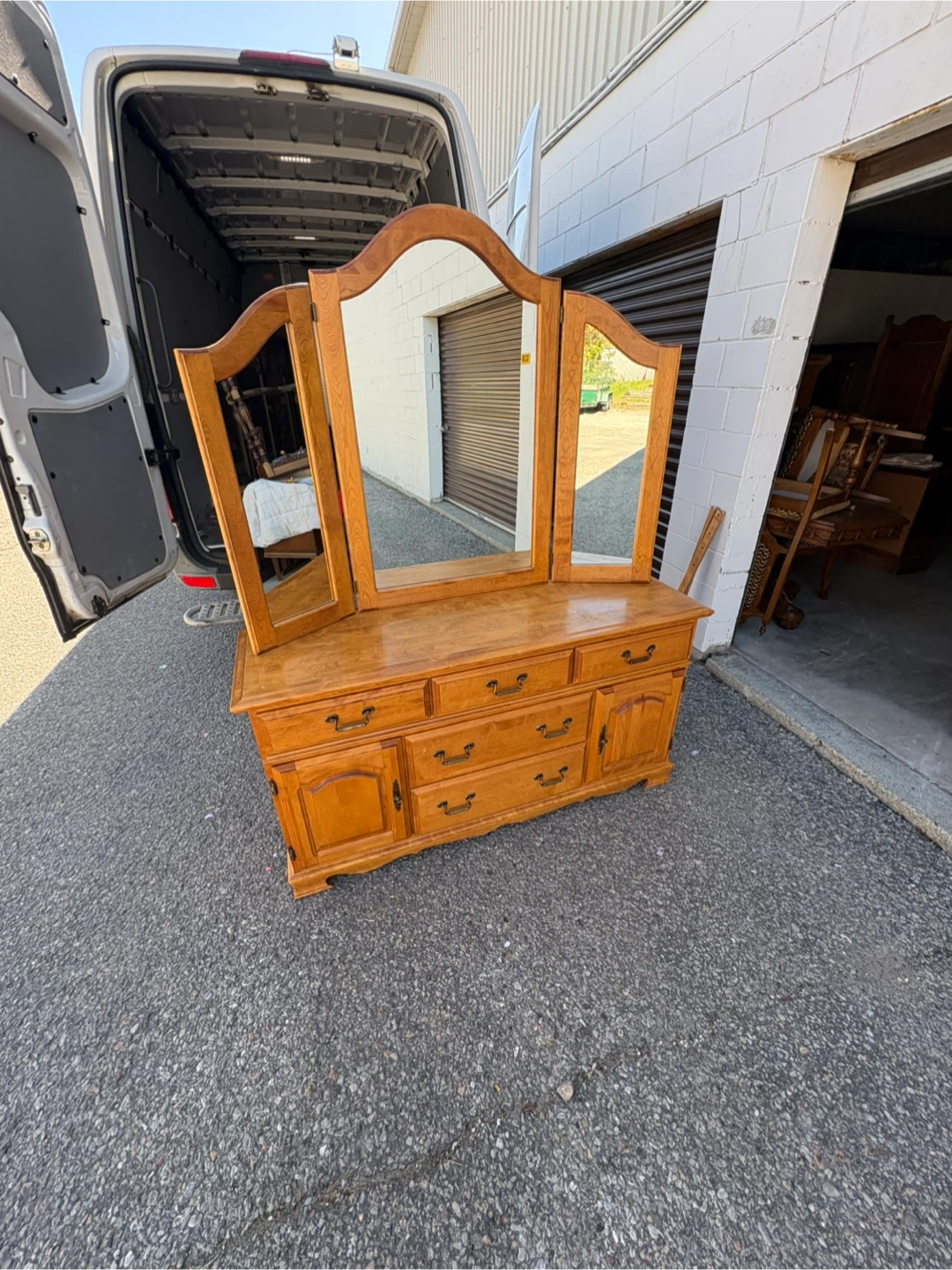 Free delivery used Wooden Vanity with Tri-fold Mirror