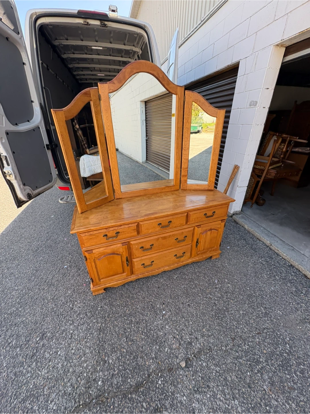 Free delivery used Wooden Vanity with Tri-fold Mirror - photo 2