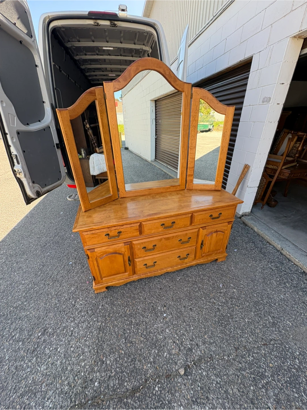 Free delivery used Wooden Vanity with Tri-fold Mirror - photo 3