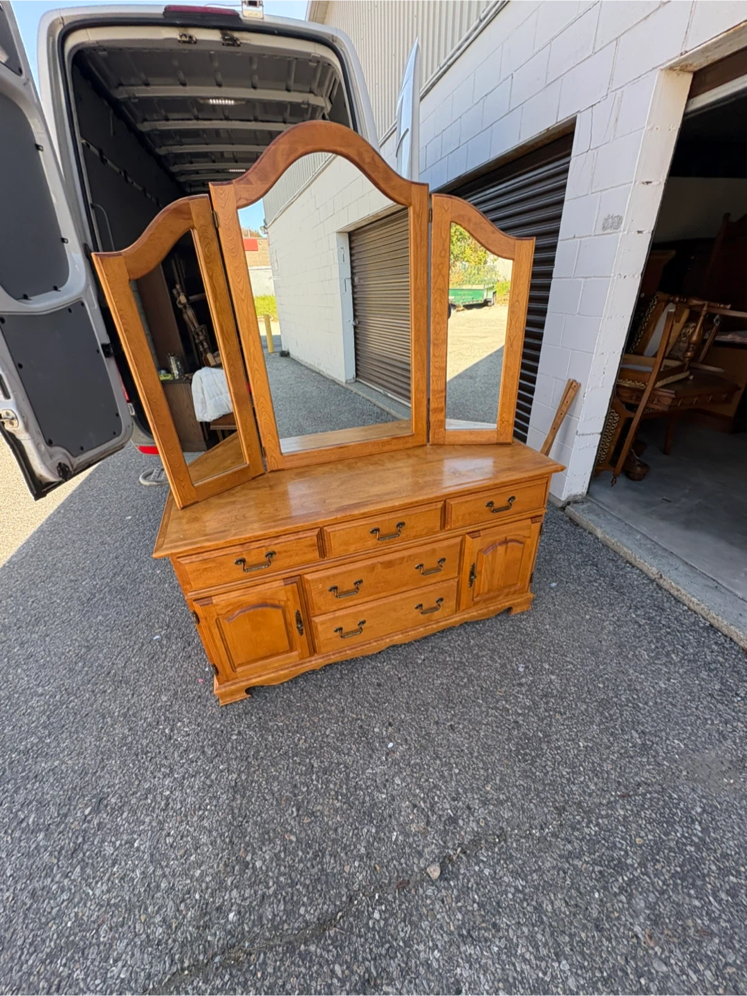 Free delivery used Wooden Vanity with Tri-fold Mirror - photo 4