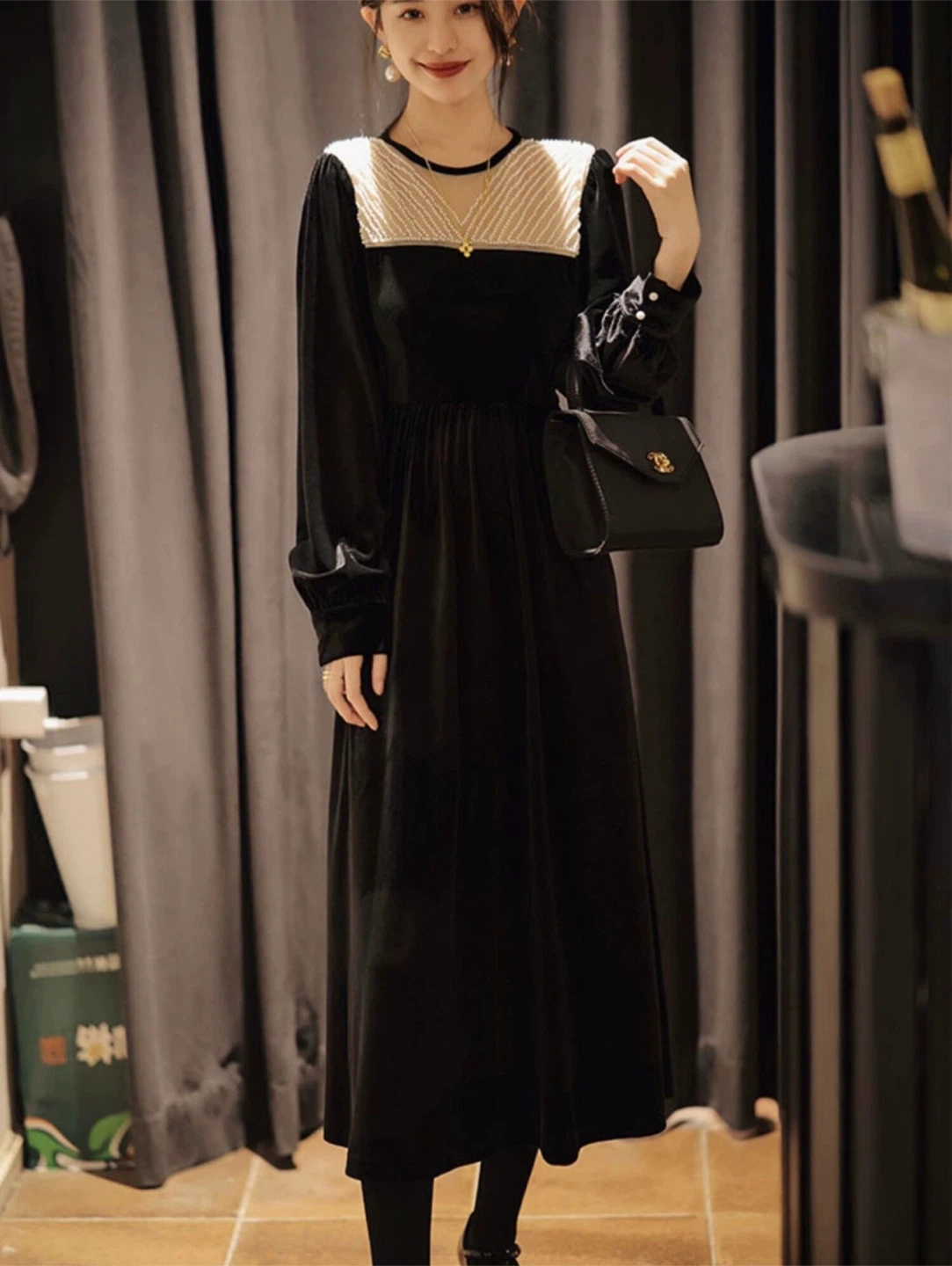 Black Velvet Midi Dress with Pearl Detail - photo 4
