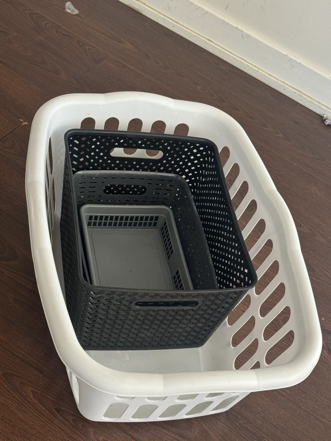 Assorted Plastic Storage Baskets and Laundry Hamper - photo 2