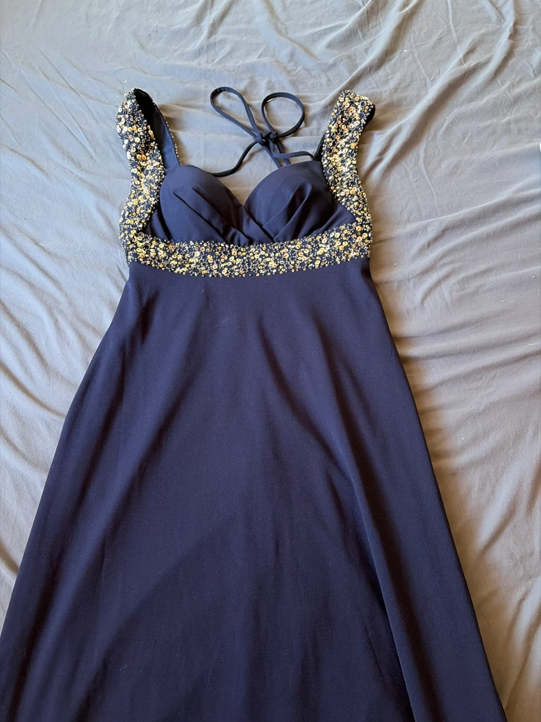Dark Navy Formal Dress with Gold Sequin Accents