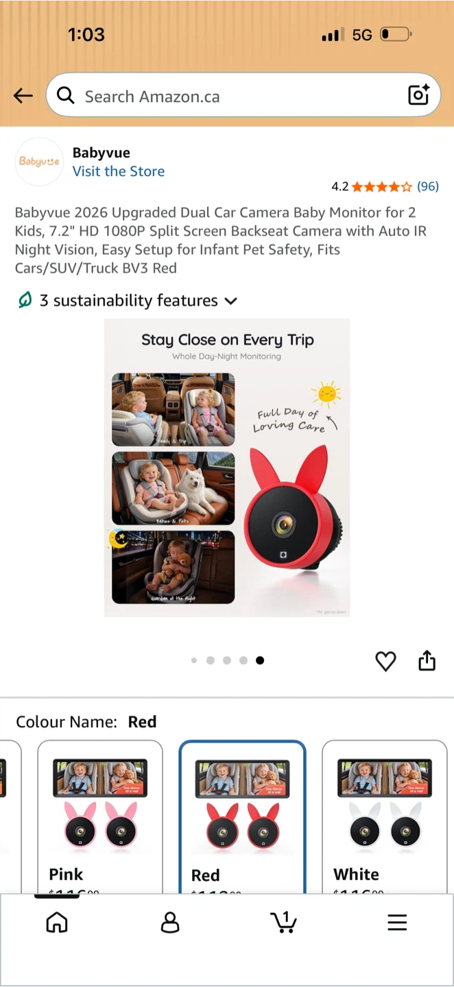 Babyvue Dual Car Camera Baby Monitor Red