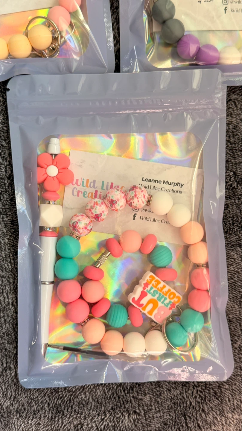 Beaded wristlet keychains summery, beaded pens with cup charms