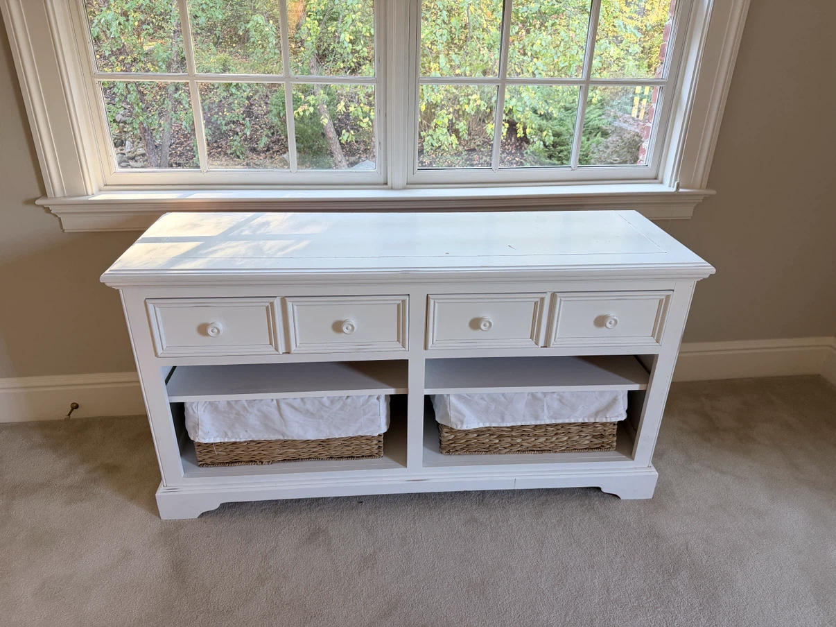 White Wooden Console Table with Drawers and Baskets