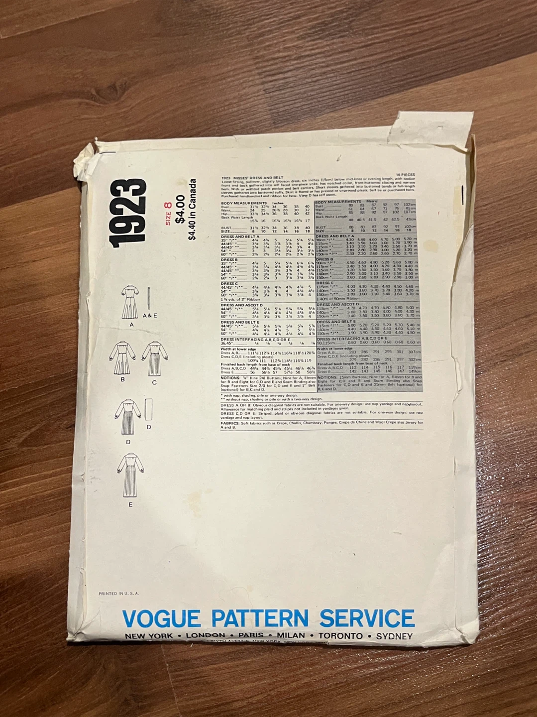 Vogue Pattern 1923 Misses Dress and Belt Size 8 - photo 2