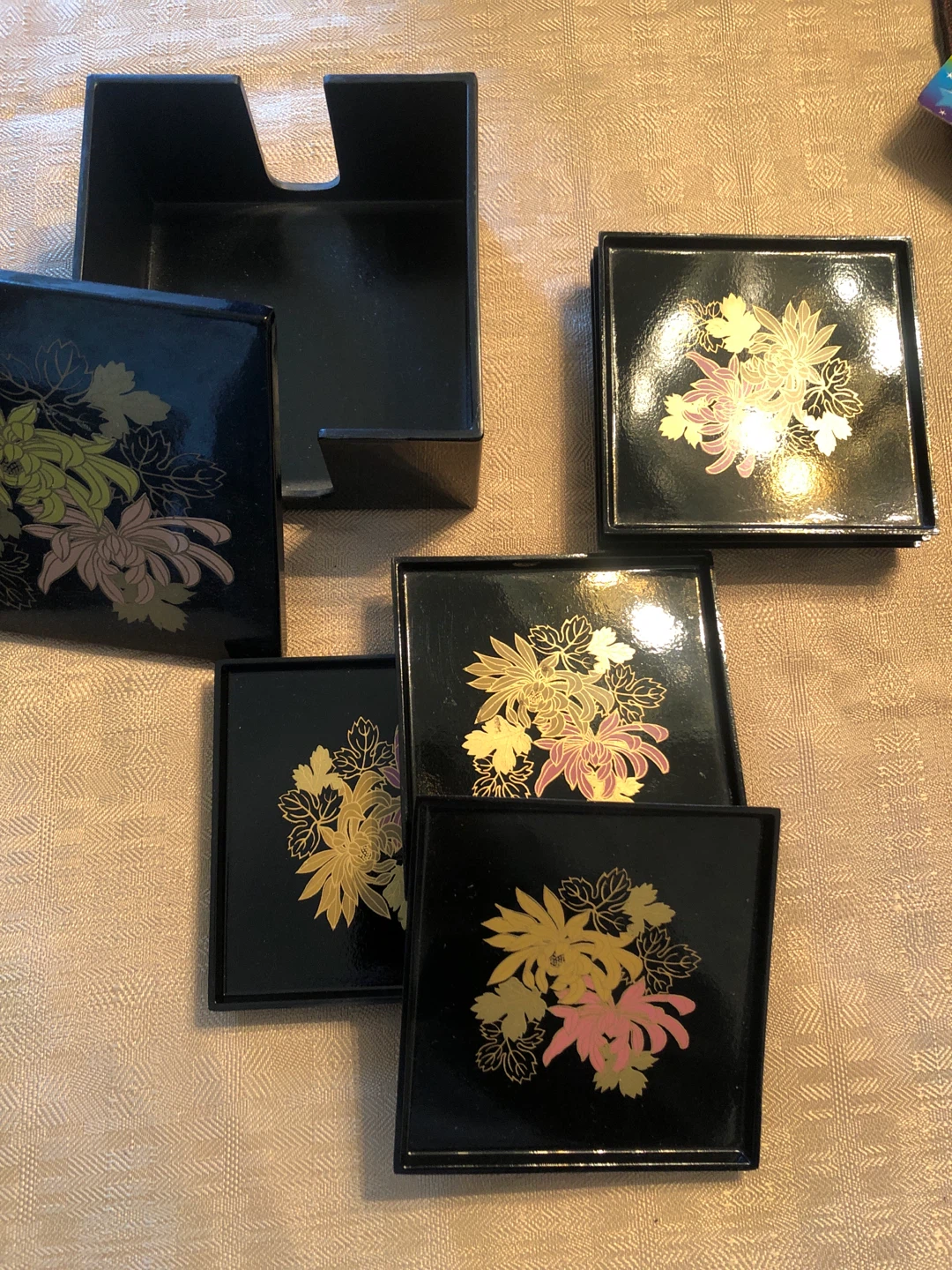 Black Lacquer Coaster Set with Floral Design