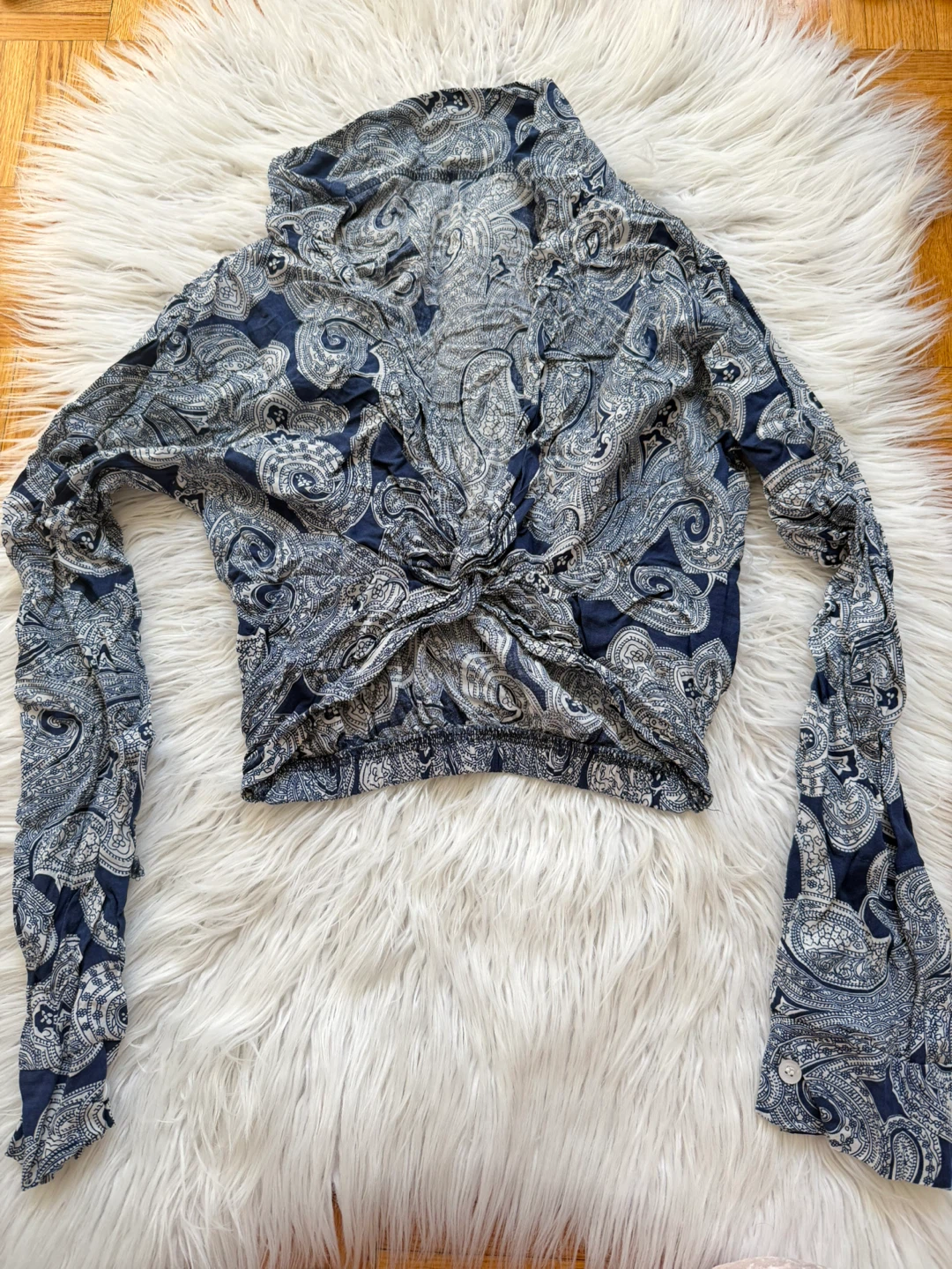 Blue and White Paisley Knot-Front Long Sleeve Top
