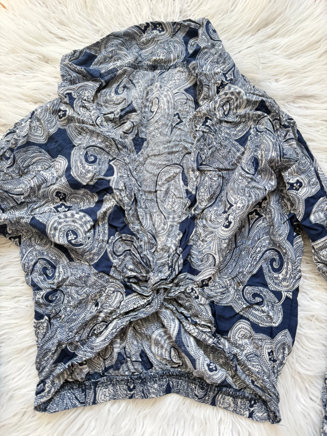 Blue and White Paisley Knot-Front Long Sleeve Top - photo 2