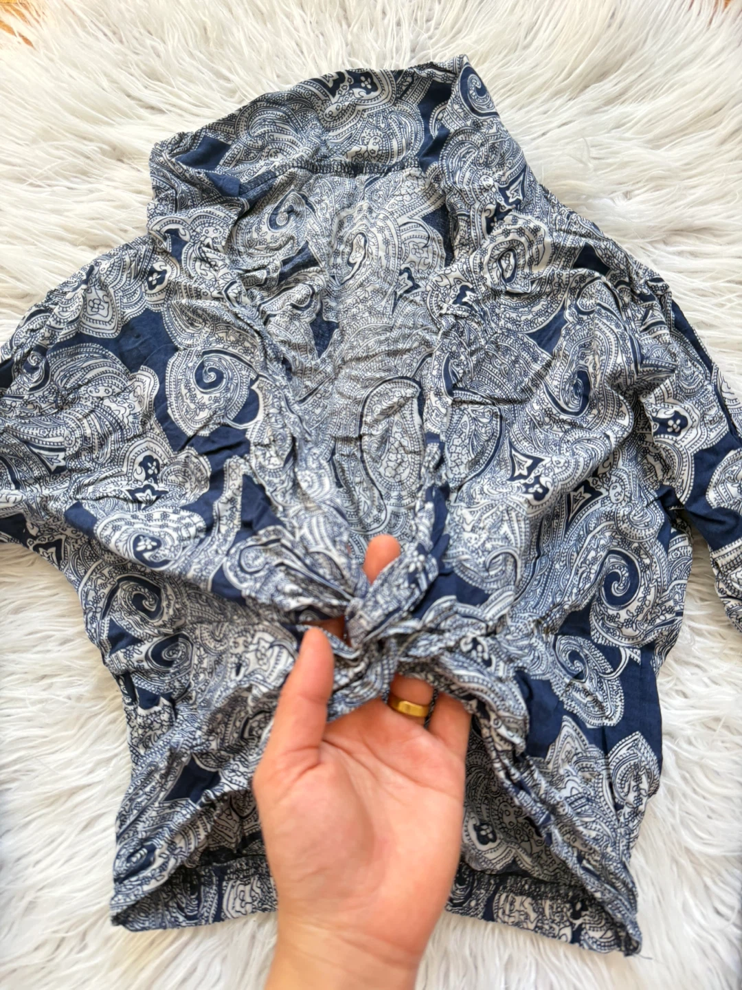 Blue and White Paisley Knot-Front Long Sleeve Top - photo 3