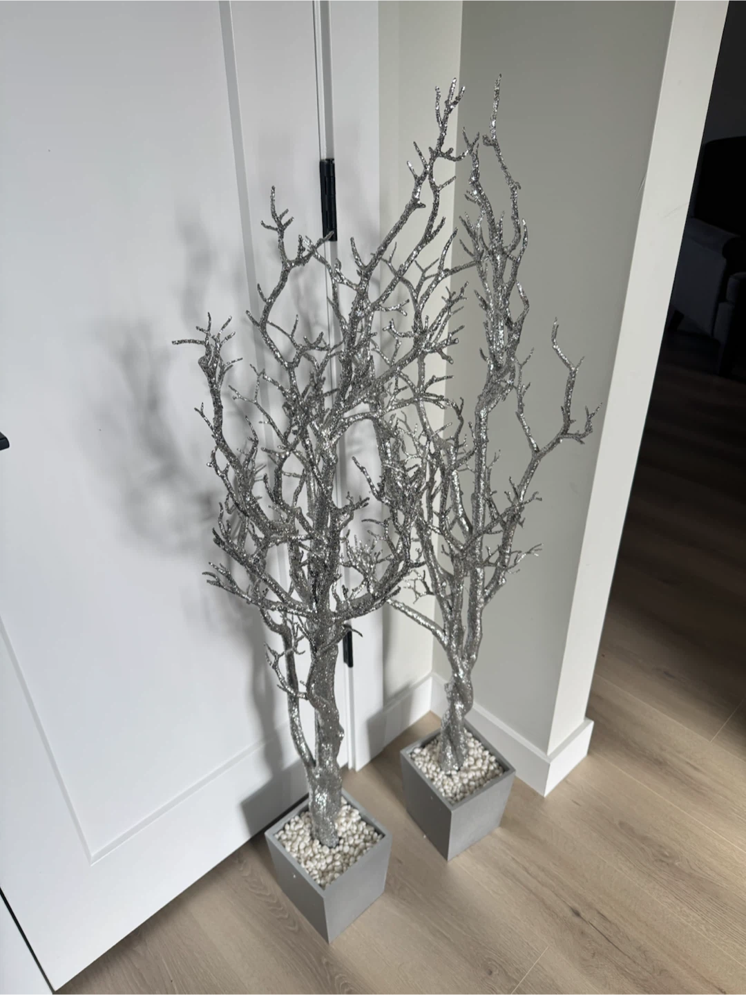 Set of two decorative silver 4ft glitter trees