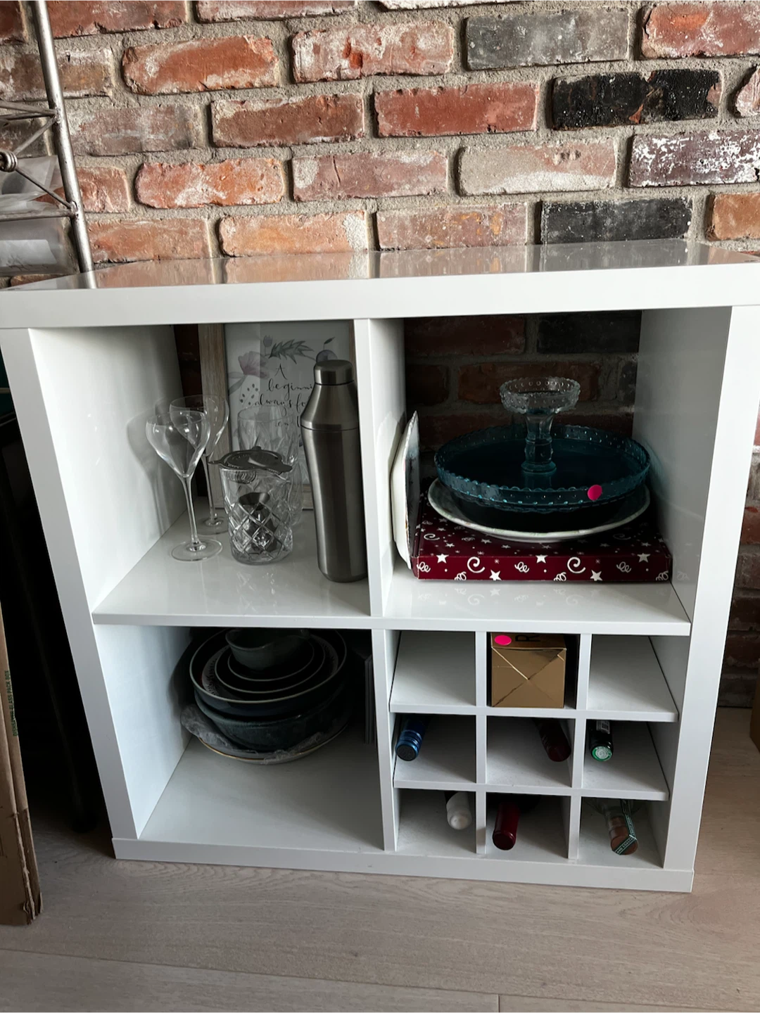 IKEA Kallax white 4 cube shelf with wine insert