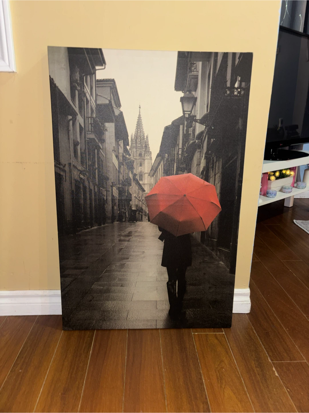 Black and White Street Scene Canvas Art with Red Umbrella