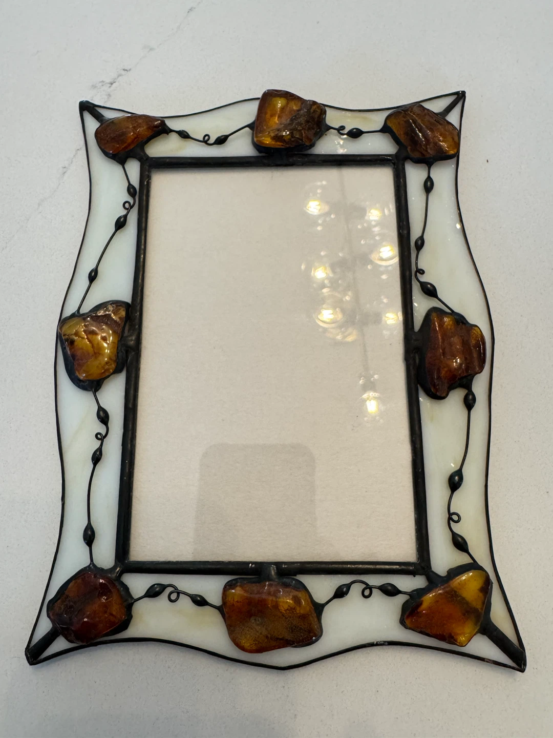Handcrafted Leaded Glass & Baltic Amber Nugget Vintage  Frame
