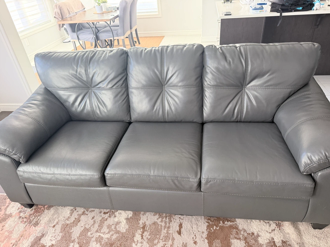 Grey Faux Leather Three-Seater Sofa