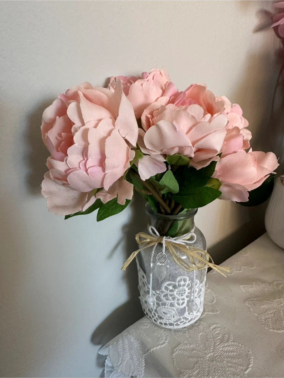 Artificial Pink Peonies in Lace Glass Vase