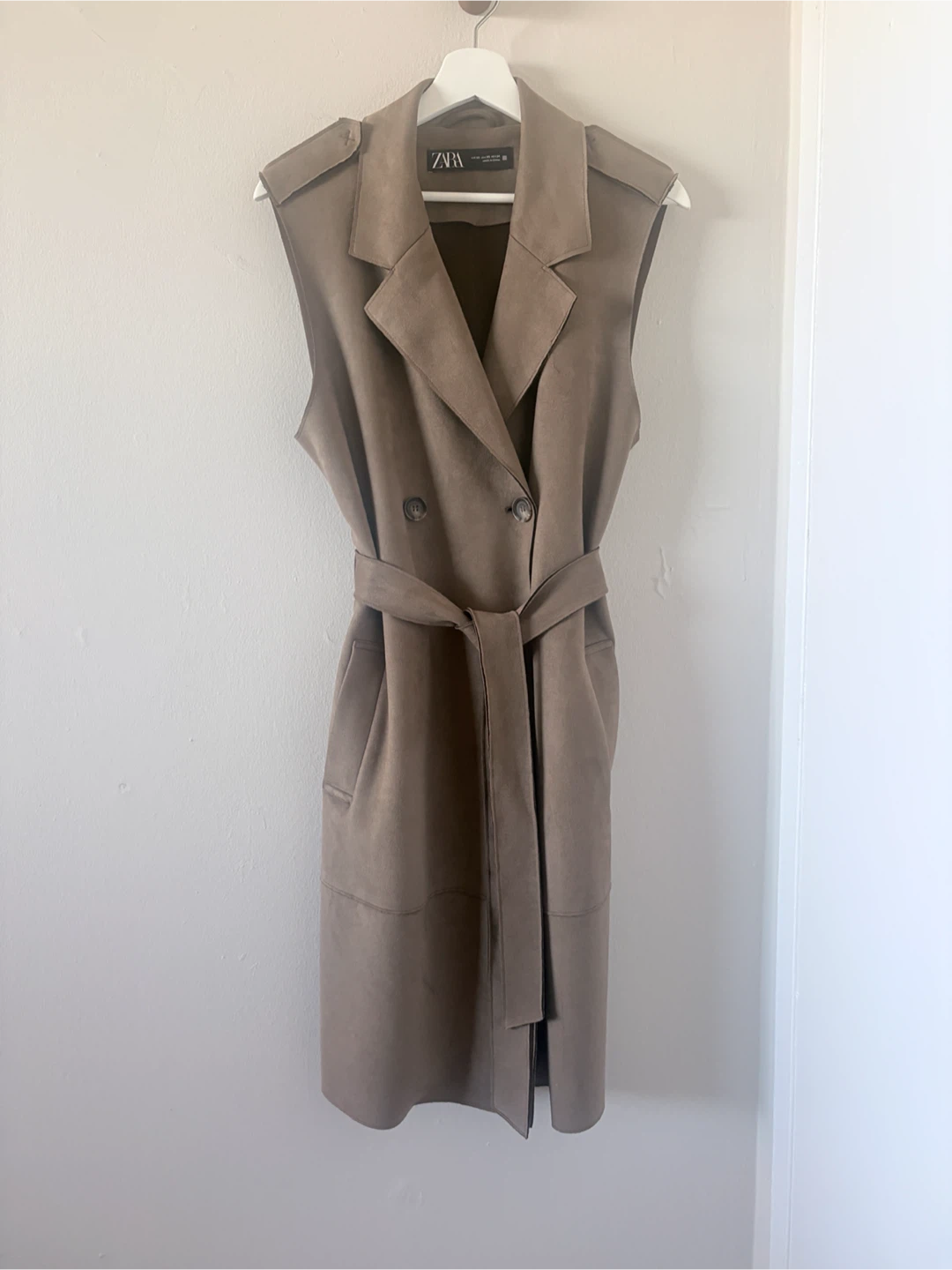 Zara Taupe Suede-Effect Sleeveless Trench Vest