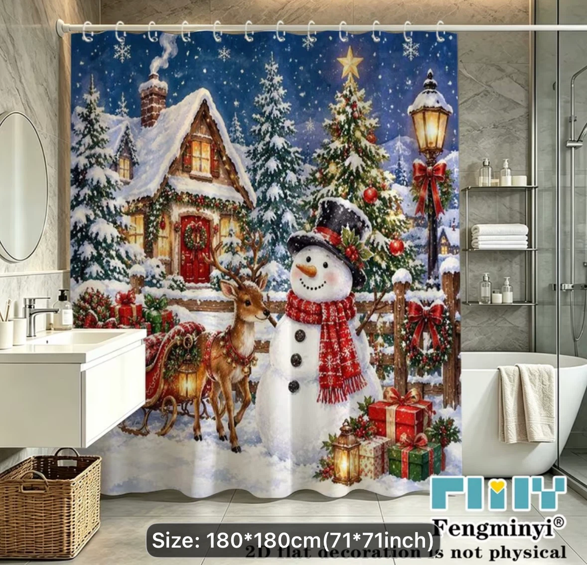 Christmas Snowman Scene Shower Curtain